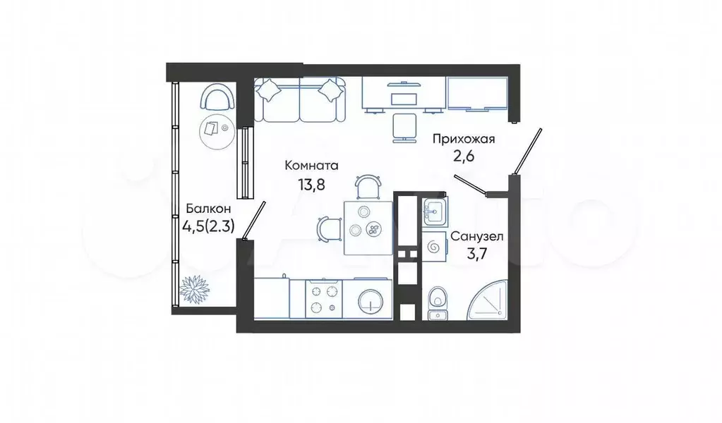 Квартира-студия, 22,4 м, 7/24 эт. - Фото 1