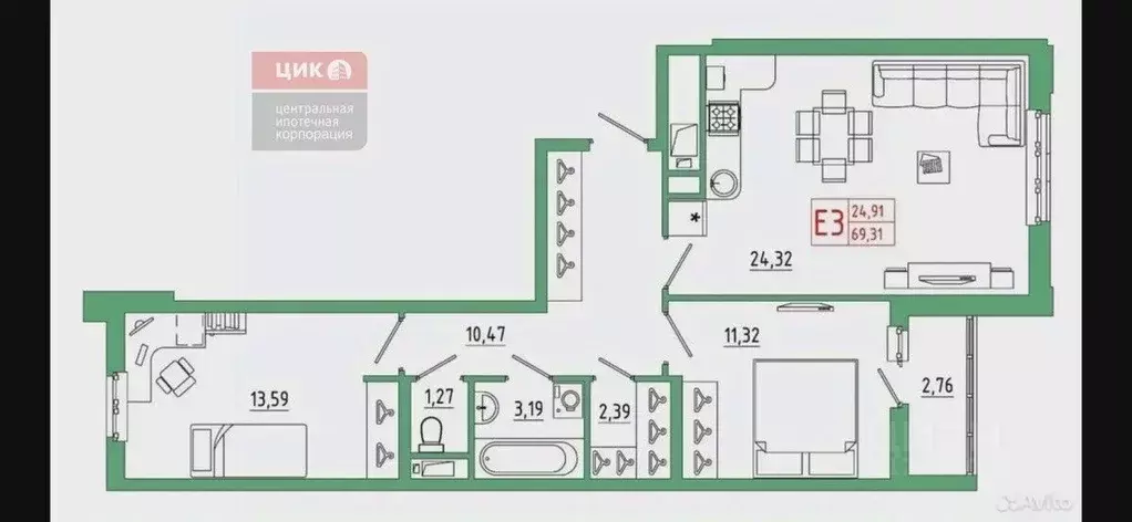 2-к кв. Рязанская область, Рязань ул. Земнухова, 3 (69.92 м) - Фото 2