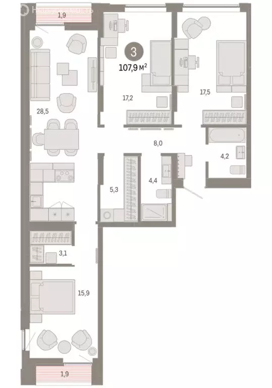 3-комнатная квартира: Екатеринбург, улица Гастелло, 19А (107.85 м) - Фото 1
