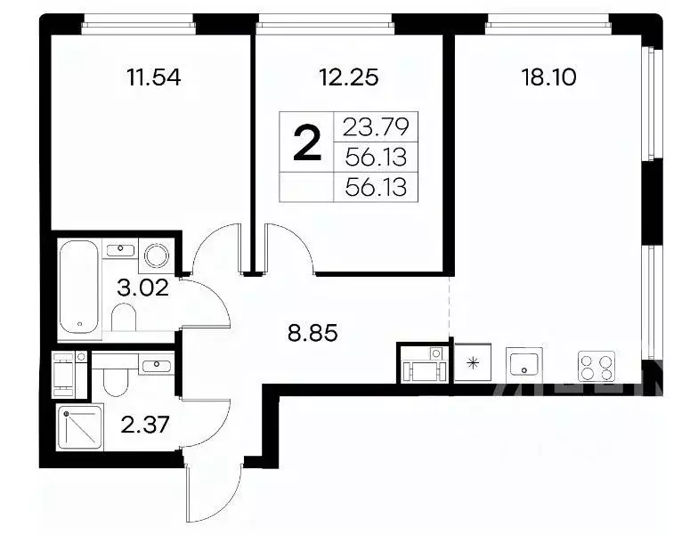 2-к кв. Санкт-Петербург просп. Крузенштерна, 2 (56.0 м) - Фото 1