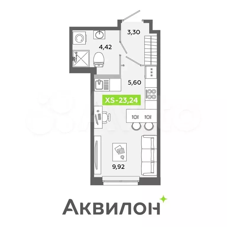 Квартира-студия, 23,2 м, 1/12 эт. - Фото 1