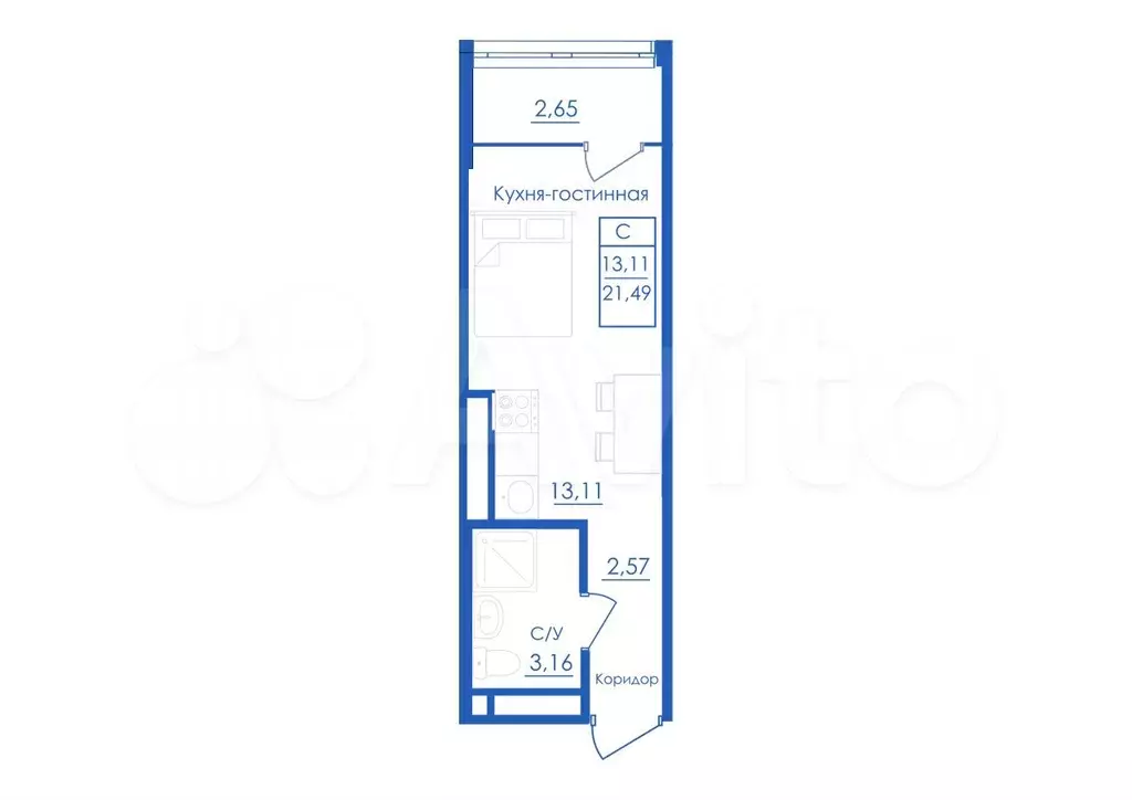 Квартира-студия, 21,5 м, 21/25 эт. - Фото 1