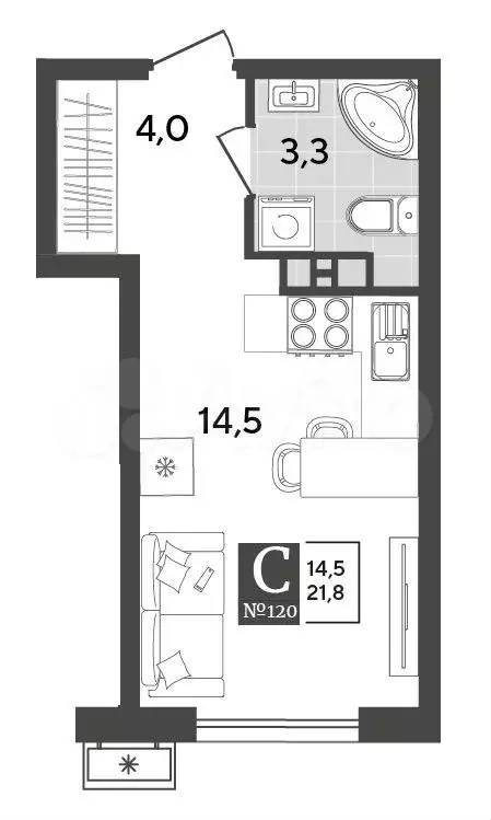 Квартира-студия, 21,8 м, 8/18 эт. - Фото 1