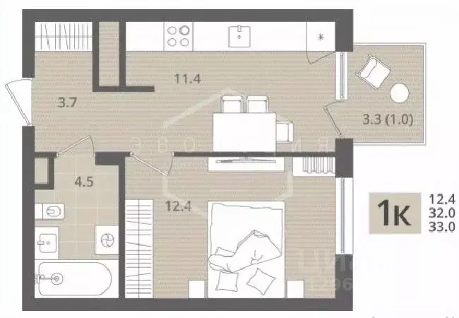 1-к кв. Калининградская область, Пионерский пос. Рыбное,  (33.0 м) - Фото 1