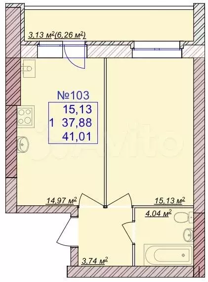 1-к. квартира, 41м, 7/9эт. - Фото 1