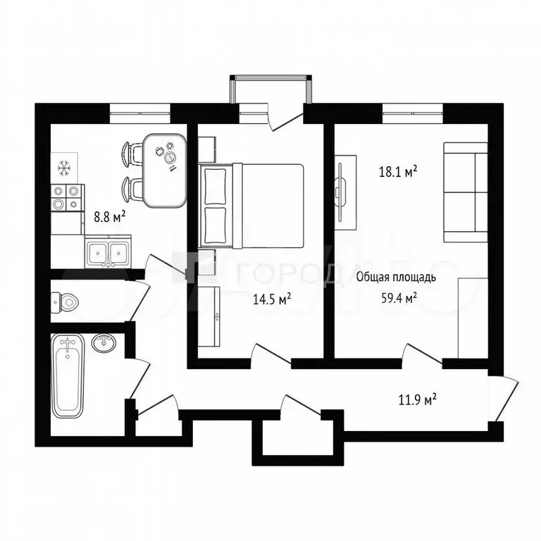 2-к. квартира, 59,4 м, 4/4 эт. - Фото 1
