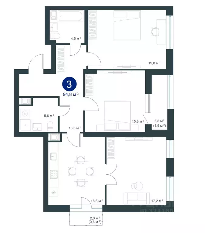 3-к кв. Воронежская область, Воронеж ул. Ворошилова, 19 (94.8 м) - Фото 1
