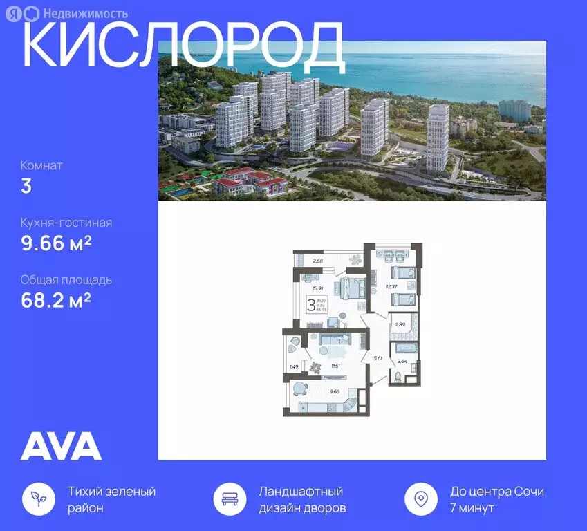 3-комнатная квартира: Сочи, микрорайон Бытха, Ясногорская улица, ... - Фото 1