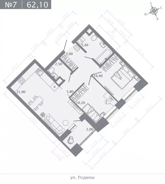 2-к кв. Татарстан, Казань ул. Родины, 27Б (62.1 м) - Фото 0