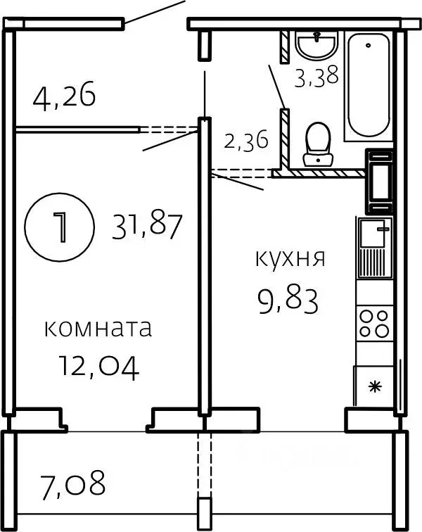 1-к кв. Челябинская область, Челябинск ул. Маршала Чуйкова, 30 (31.87 ... - Фото 0