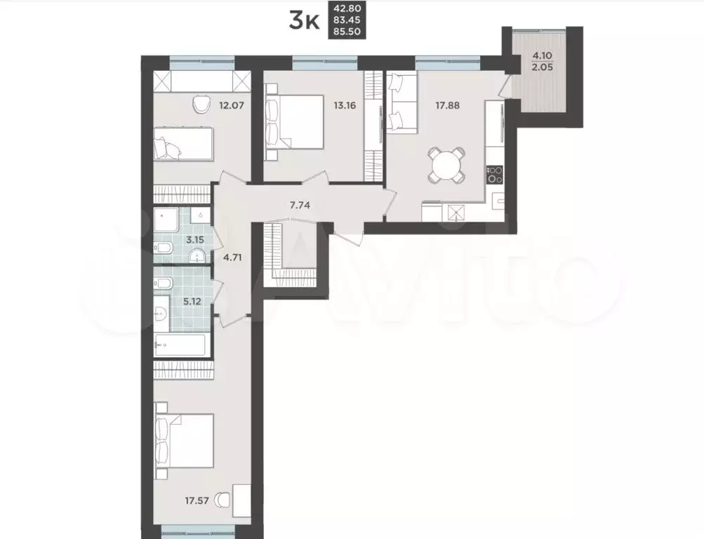 3-к. квартира, 83,7 м, 3/9 эт. - Фото 1