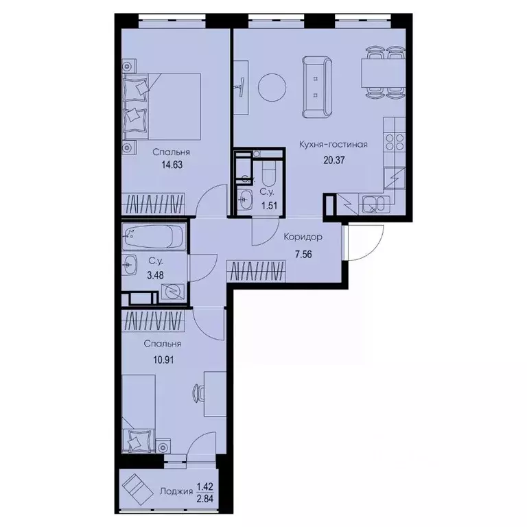 2-к кв. Ленинградская область, Всеволожский район, Заневское городское ... - Фото 1