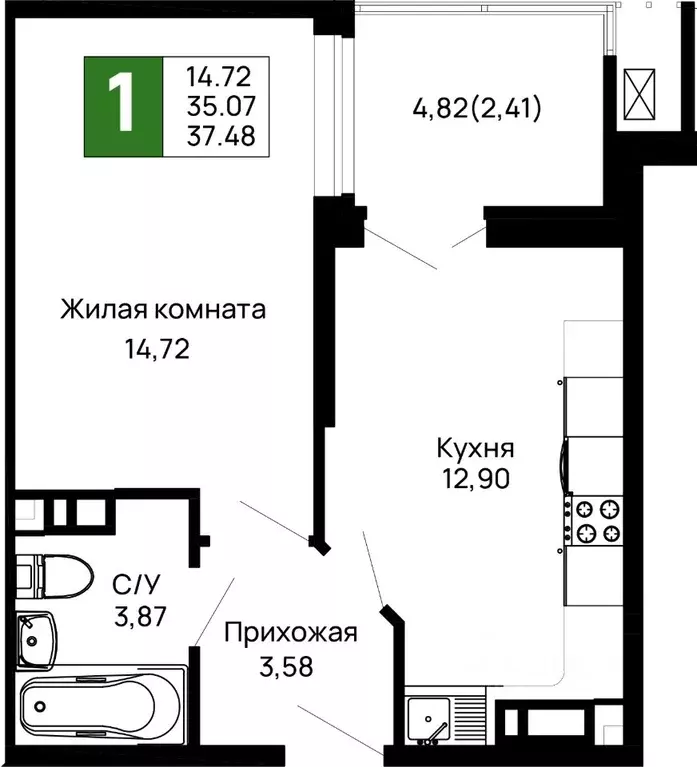 1-к кв. Адыгея, Майкоп 9 Мая ул., 14А (37.48 м) - Фото 0