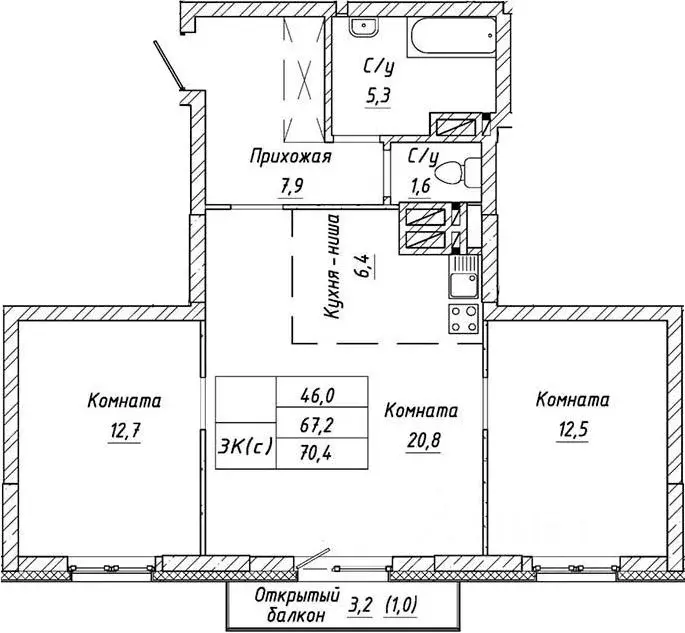 2-к кв. Новосибирская область, Новосибирск Бугринский мкр,  (69.4 м) - Фото 0