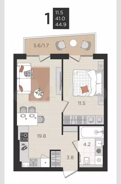 1-к. квартира, 41 м, 2/4 эт. - Фото 1