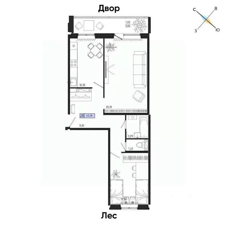 2-к кв. Томская область, Томск тракт Иркутский, 185Б (63.36 м) - Фото 0