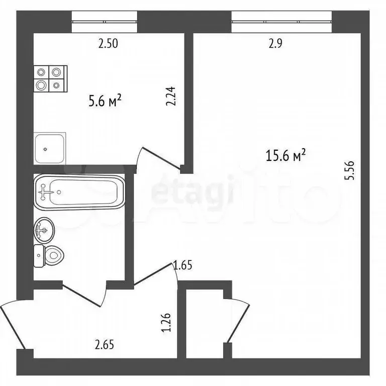 1-к. квартира, 29,9 м, 4/5 эт. - Фото 0