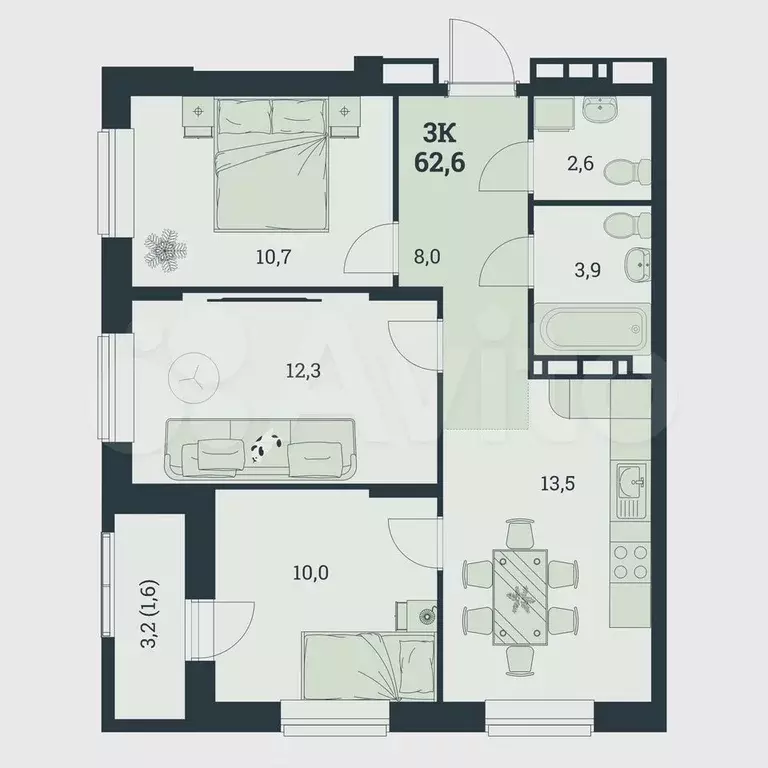 3-к. квартира, 62,6 м, 8/8 эт. - Фото 0