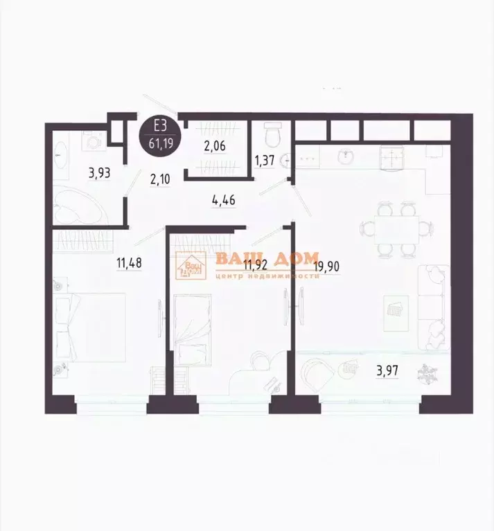 2-к кв. Тульская область, Тула пос. Горелки, Большая ул., 12 (61.19 м) - Фото 2