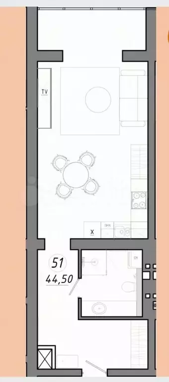 Апартаменты-студия, 44,5 м, 3/5 эт. - Фото 1