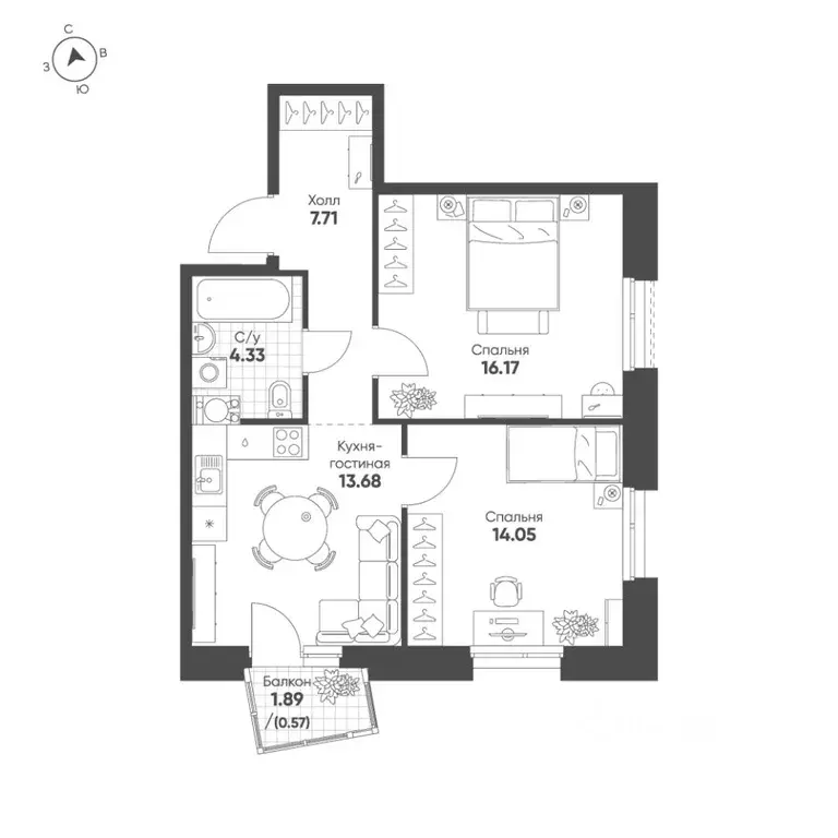 2-к кв. Татарстан, Казань Счастье в Казани жилой комплекс (56.51 м) - Фото 1