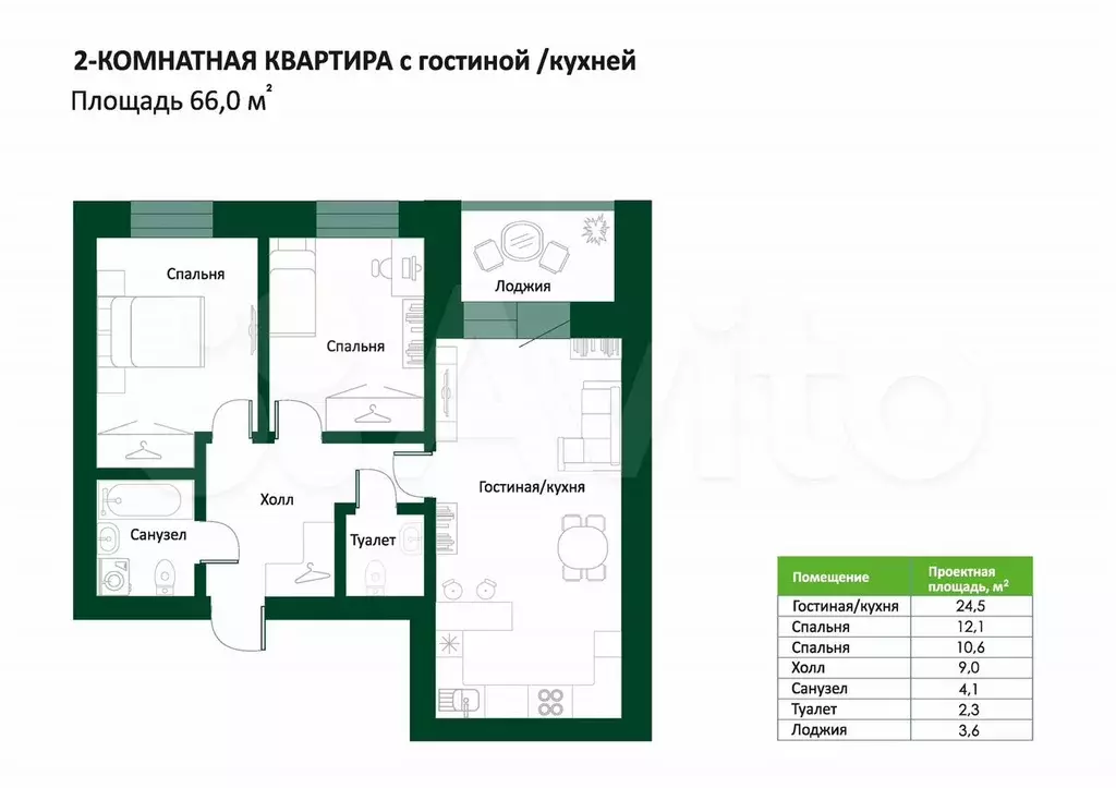 2-к. квартира, 66 м, 5/5 эт. - Фото 1