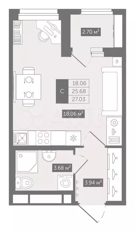 Квартира-студия, 27 м, 8/12 эт. - Фото 0