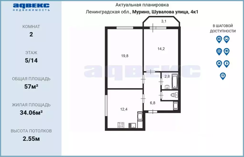 2-к кв. Ленинградская область, Мурино Всеволожский район, ул. ... - Фото 1