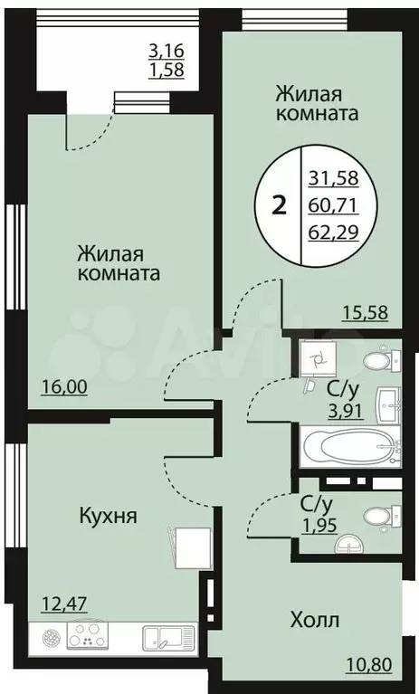 2-к. квартира, 62,3 м, 10/18 эт. - Фото 0