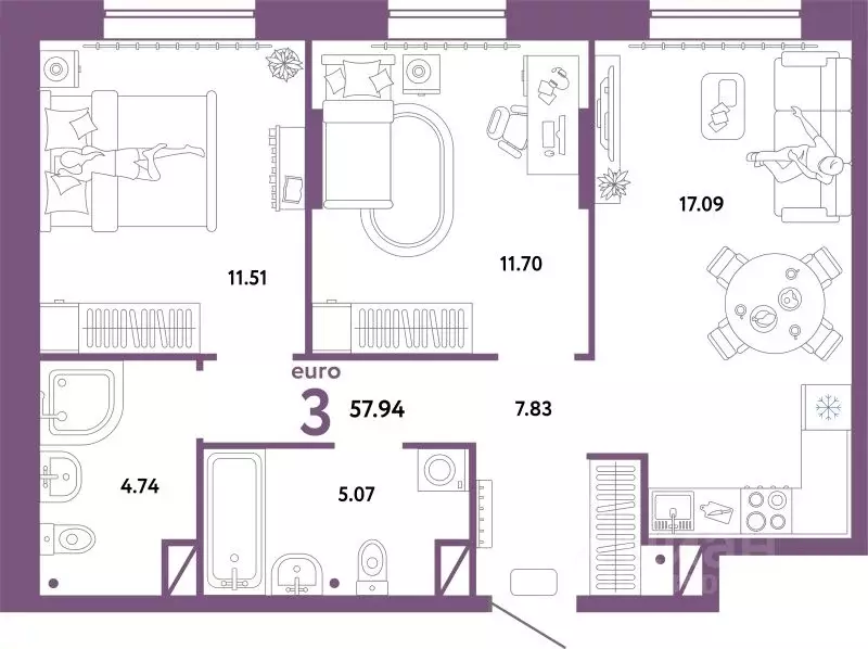 3-к кв. Тюменская область, Тюмень Интернациональная ул., 199к10 (58.06 ... - Фото 1