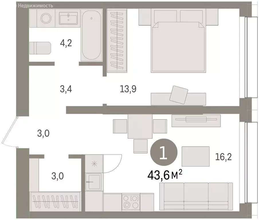 1-комнатная квартира: Тюмень, Мысовская улица, 26к1 (43.6 м) - Фото 1