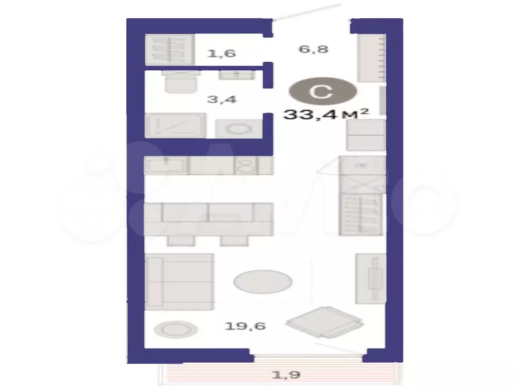 Квартира-студия, 33,4 м, 6/25 эт. - Фото 1