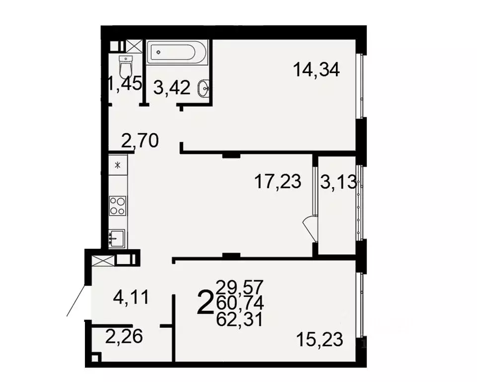 2-к кв. Тульская область, Тула Флагман жилой комплекс (62.31 м) - Фото 1