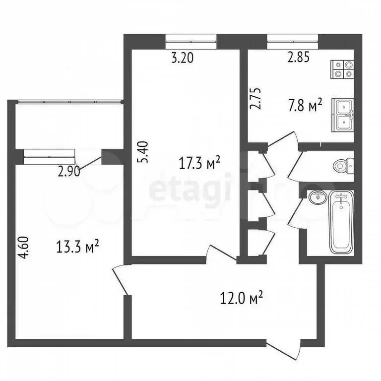 2-к. квартира, 55 м, 6/9 эт. - Фото 0