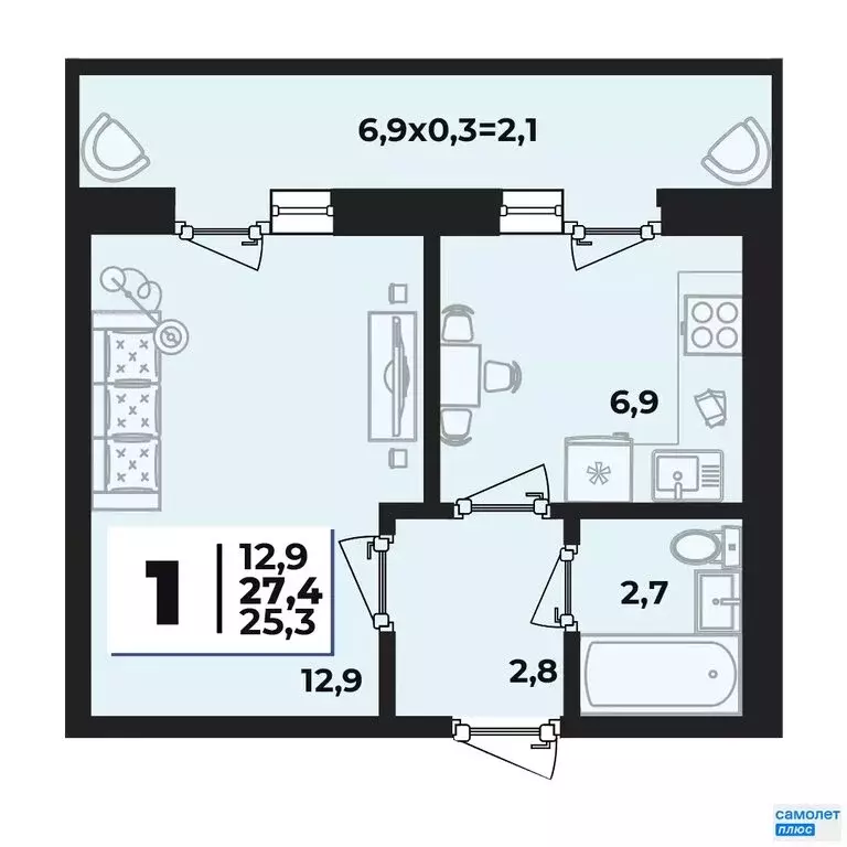 1-комнатная квартира: аул Новая Адыгея, ЖК Дарград (25.3 м) - Фото 1
