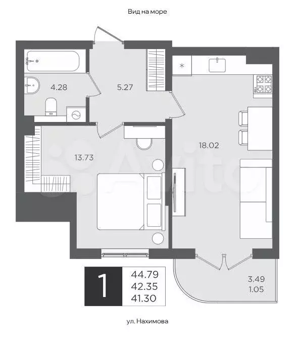 1-к. квартира, 44,8 м, 3/4 эт. - Фото 1