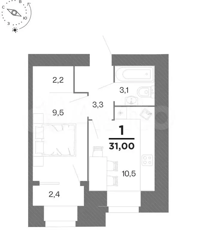 1-к. квартира, 31 м, 9/16 эт. - Фото 0