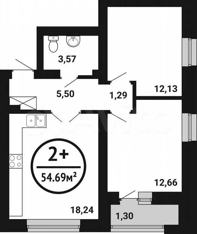 2-к. квартира, 54,7 м, 7/8 эт. - Фото 0
