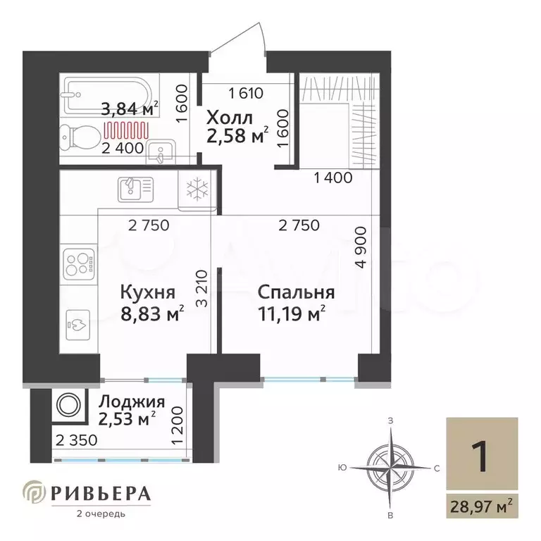 1-к. квартира, 29 м, 8/10 эт. - Фото 1