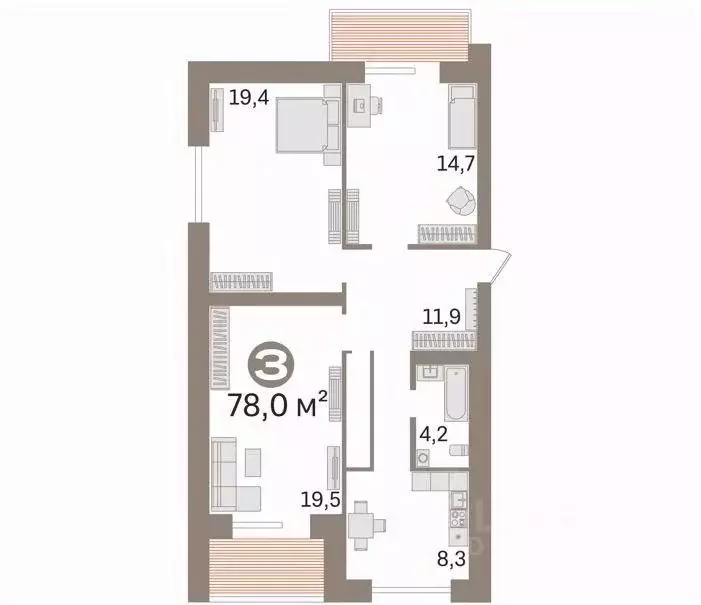 3-к кв. Тюменская область, Тюмень Мурманская ул., 65 (78.0 м) - Фото 2