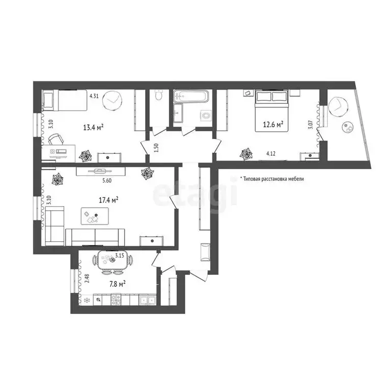 3-комнатная квартира: Тюмень, улица 50 лет Октября, 54 (63.5 м) - Фото 1