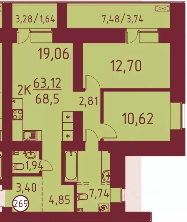 2-к кв. Томская область, Томск ул. Вершинина, 58к2 (68.5 м) - Фото 1