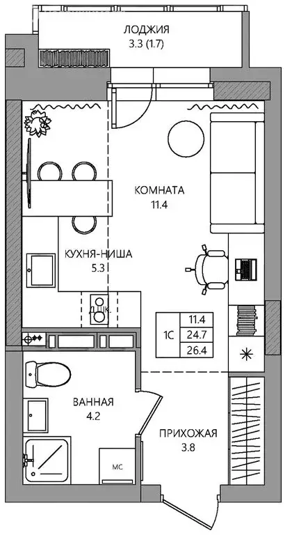 Квартира-студия: Пермь, улица Капитана Гастелло, 15 (26.4 м) - Фото 1