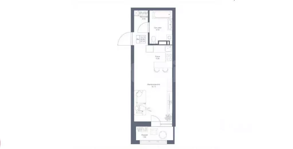 Студия Татарстан, Казань ул. Сабира Ахтямова, 1к2 (27.32 м) - Фото 2