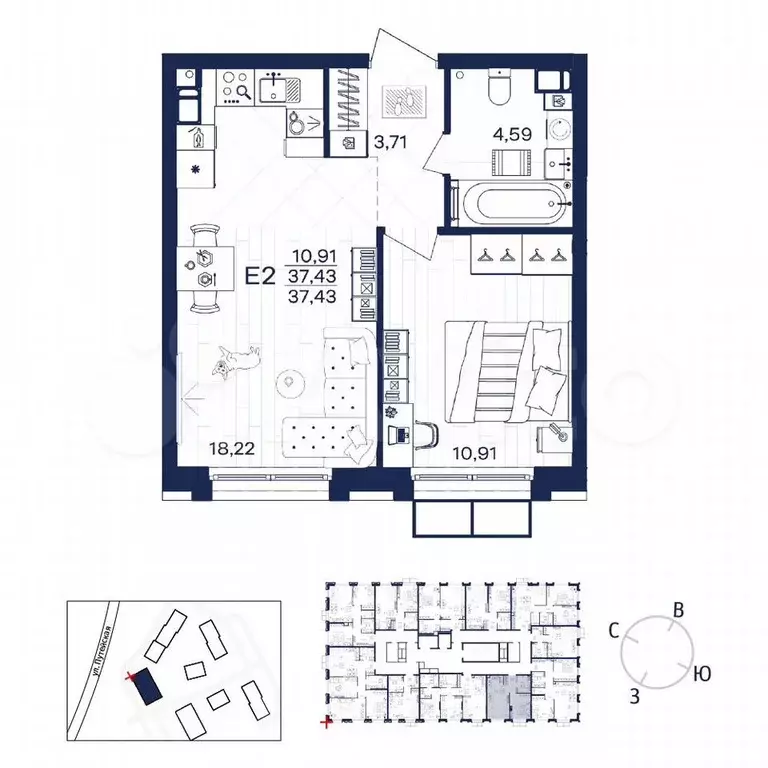 1-к. квартира, 37,4 м, 12/15 эт. - Фото 1