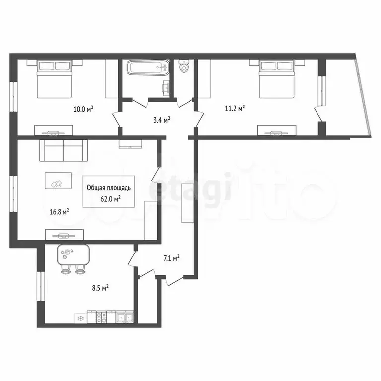3-к. квартира, 62 м, 4/9 эт. - Фото 0