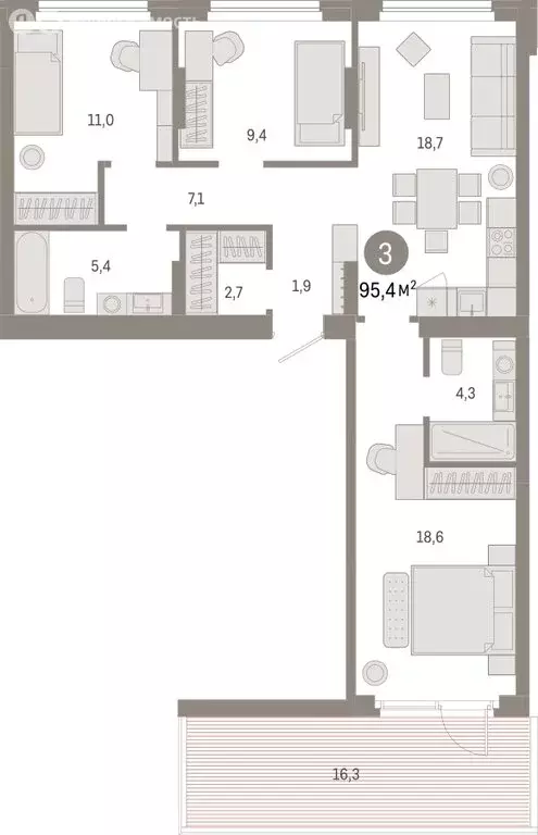 3-комнатная квартира: Новосибирск, квартал Лебедевский (95.4 м) - Фото 1