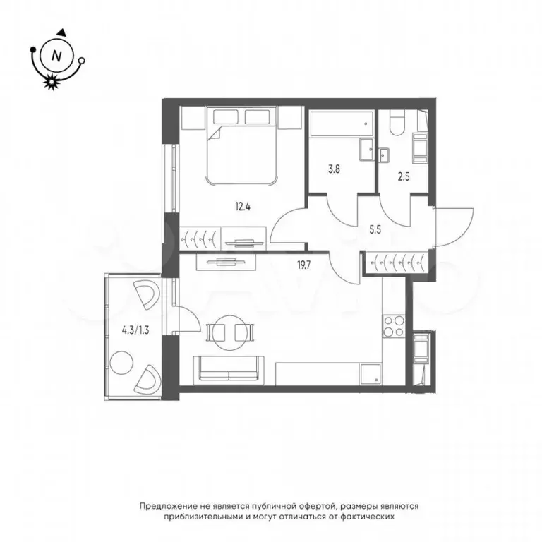 1-к. квартира, 45,2 м, 8/9 эт. - Фото 0