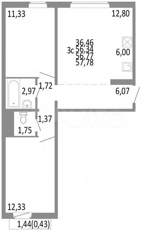 3-к. квартира, 56,8 м, 6/10 эт. - Фото 0