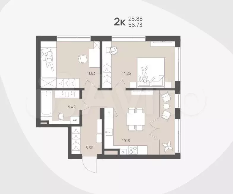 2-к. квартира, 56,7 м, 1/4 эт. - Фото 1
